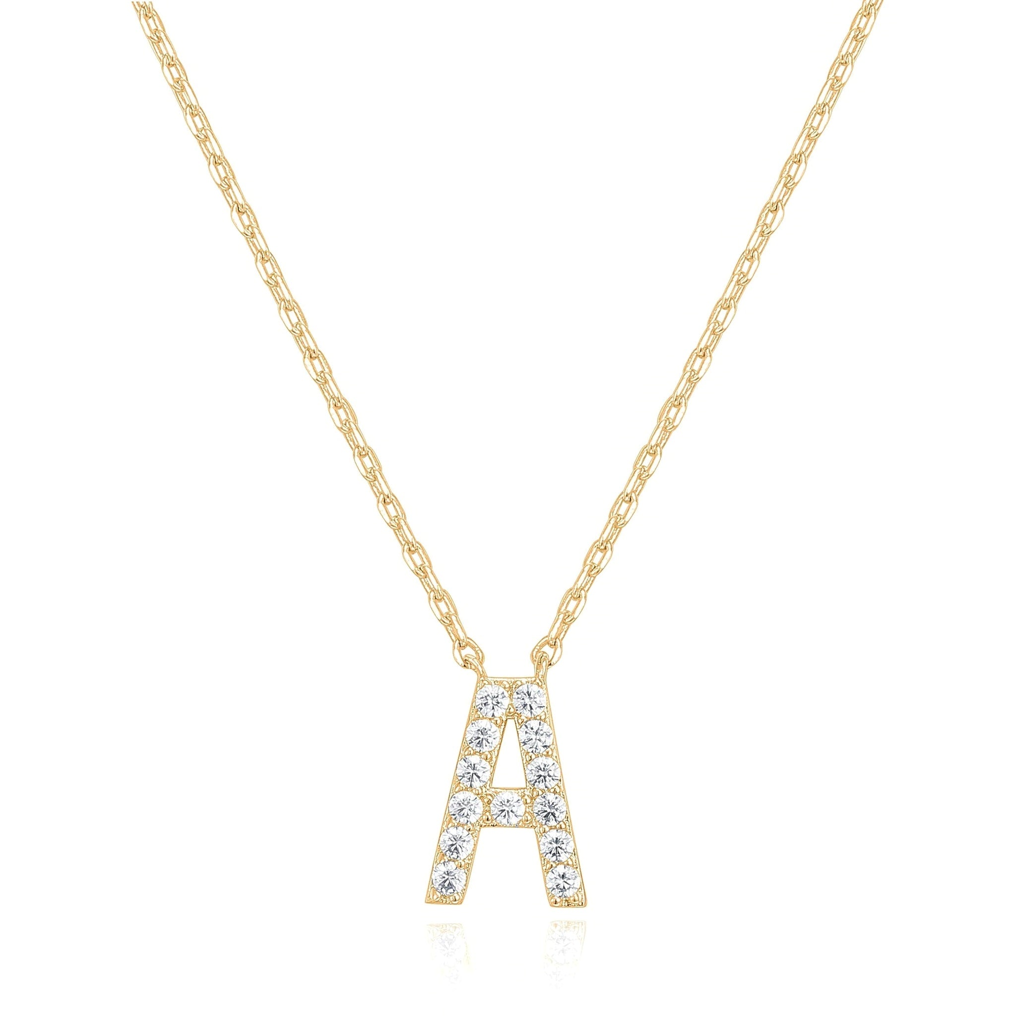 Gold cubic zirconia letter A pendant on a fine chain, on white