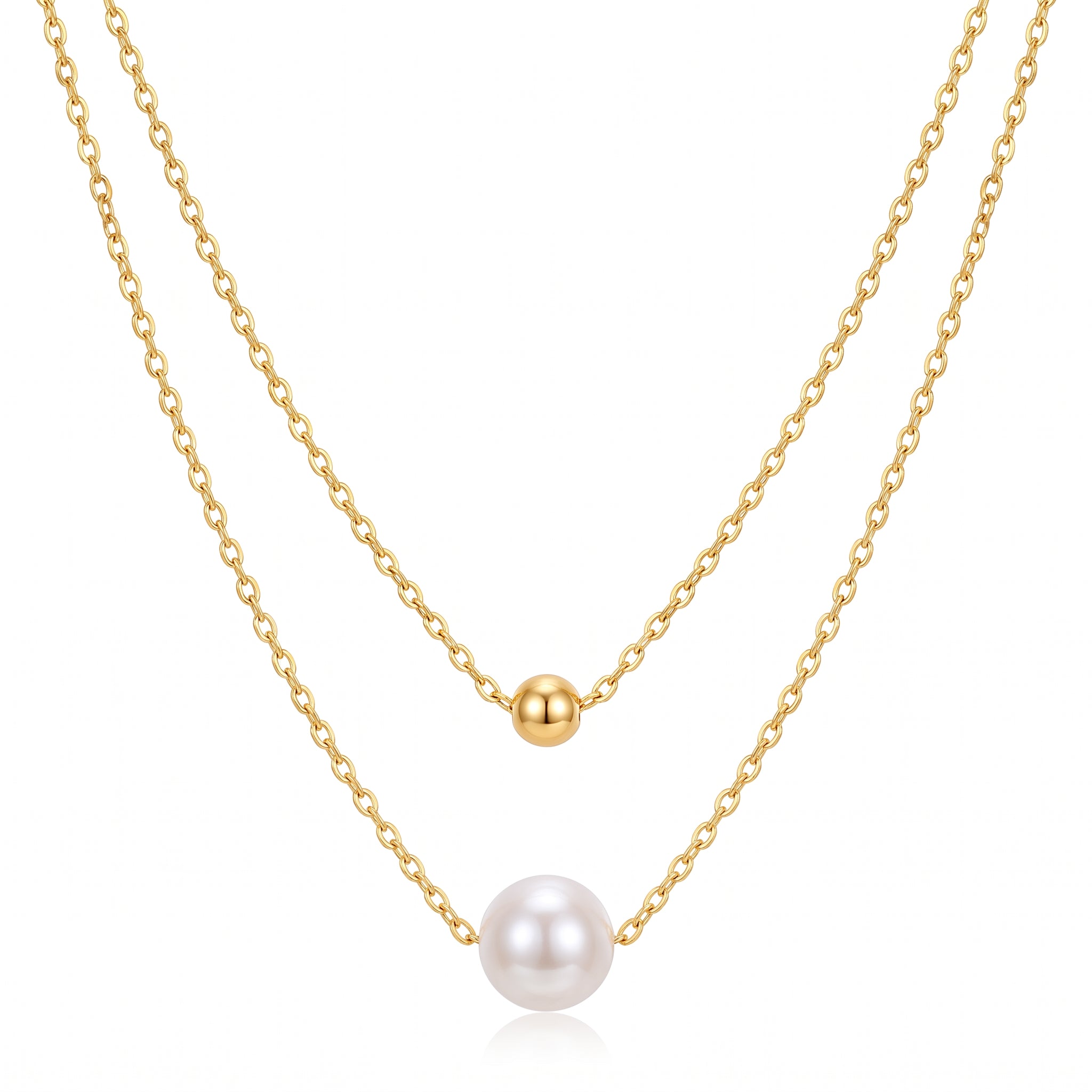 Gold double chain necklace with a small bead and single pearl on white background