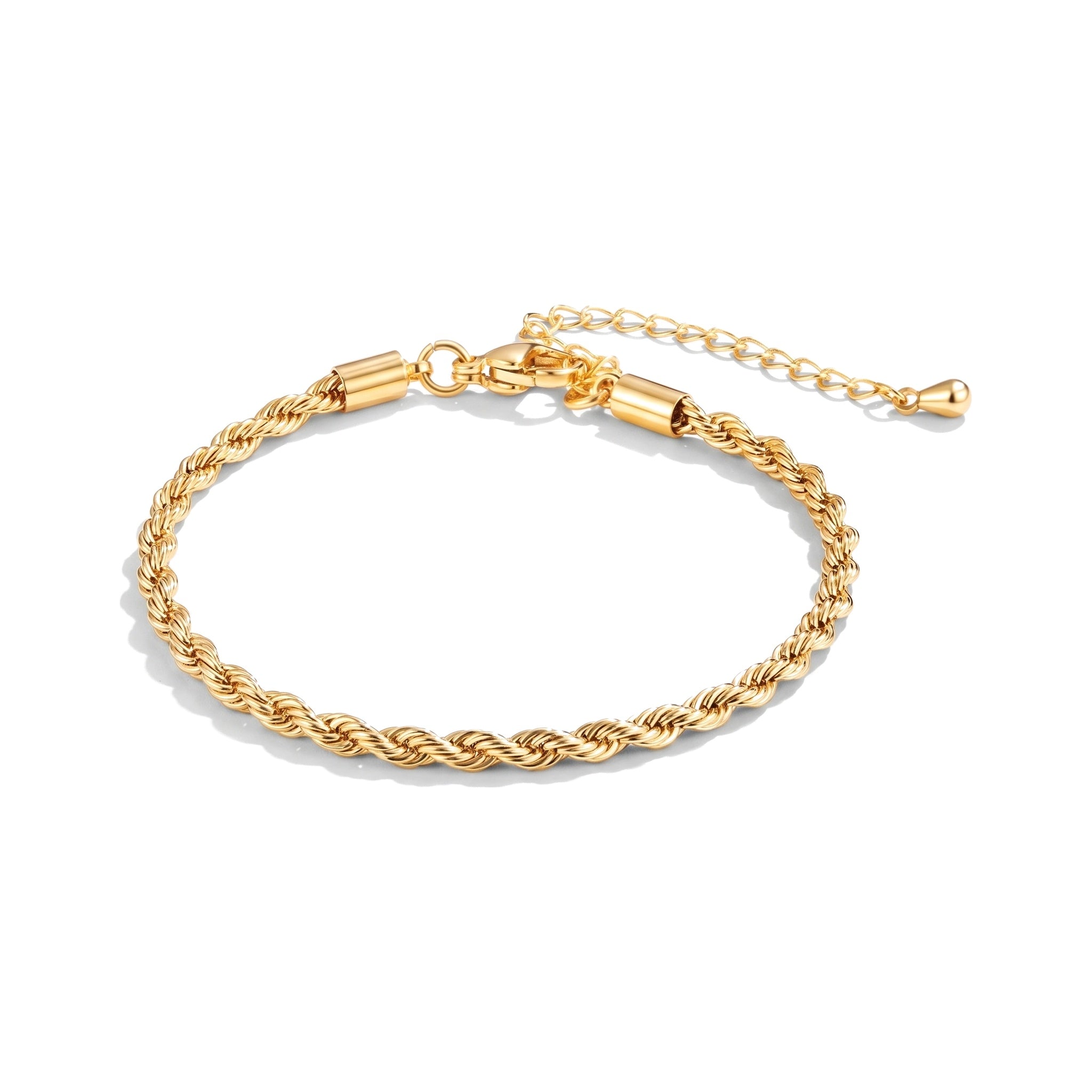 Gold twisted rope chain bracelet with extender on a white background