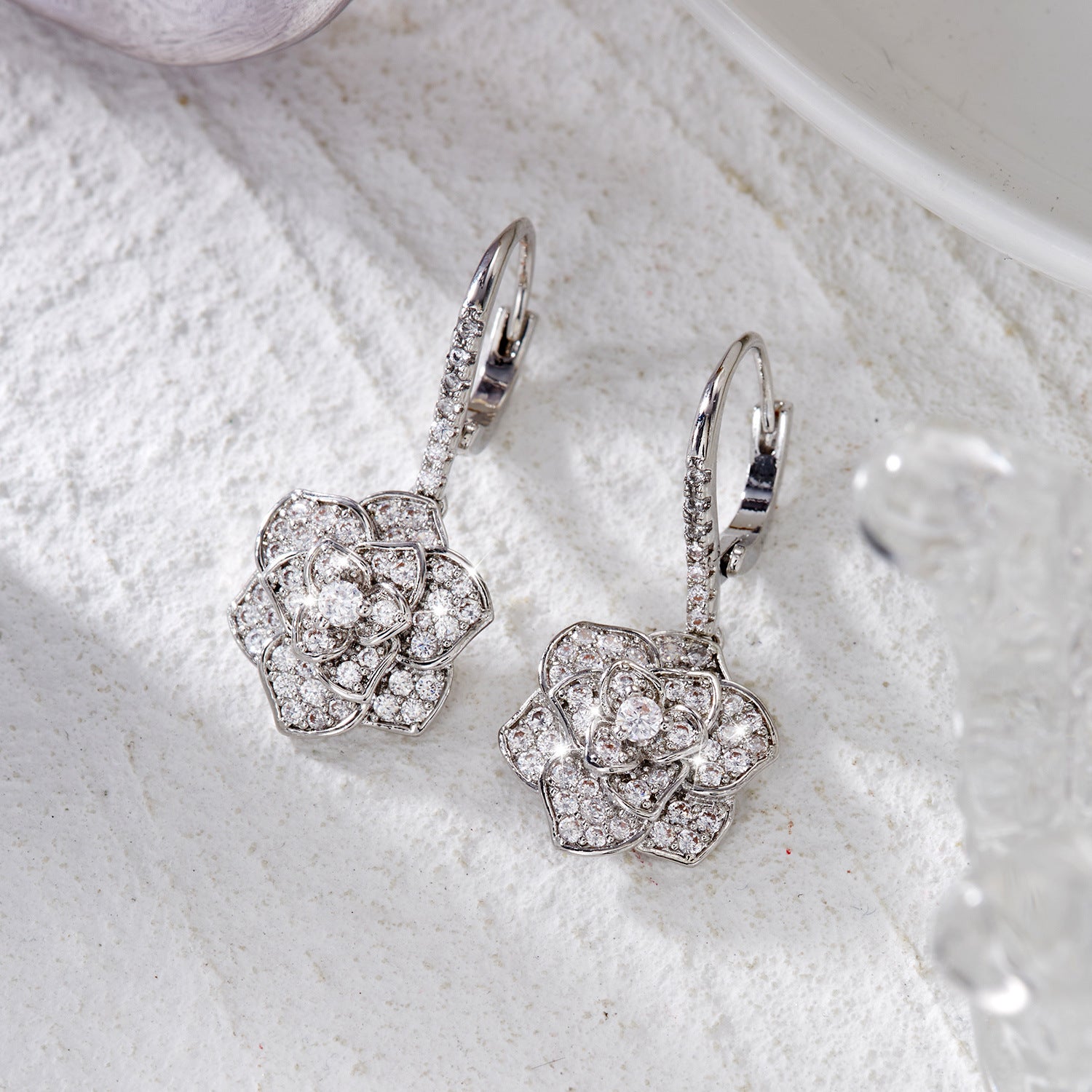 Crystal Camellia Silver Earrings