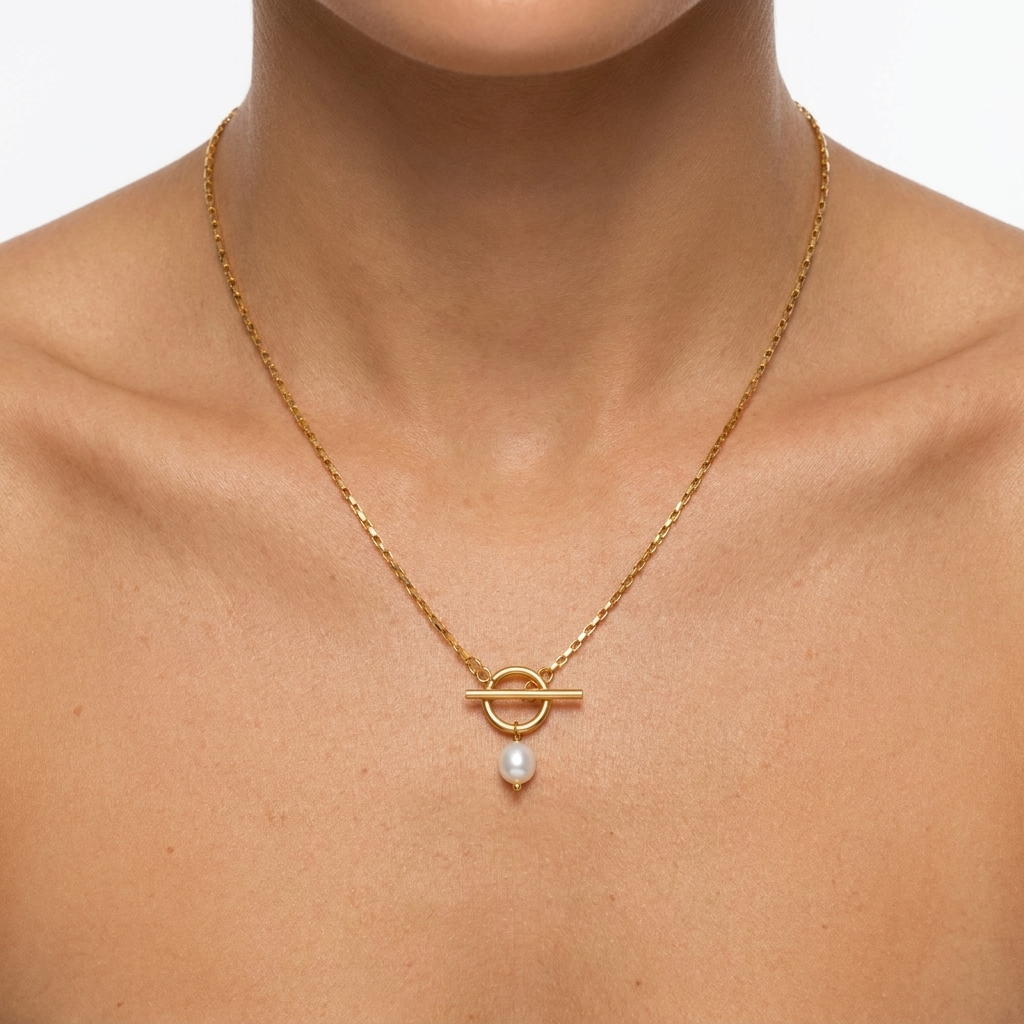 Paperclip & Pearl Drop Gold Necklace