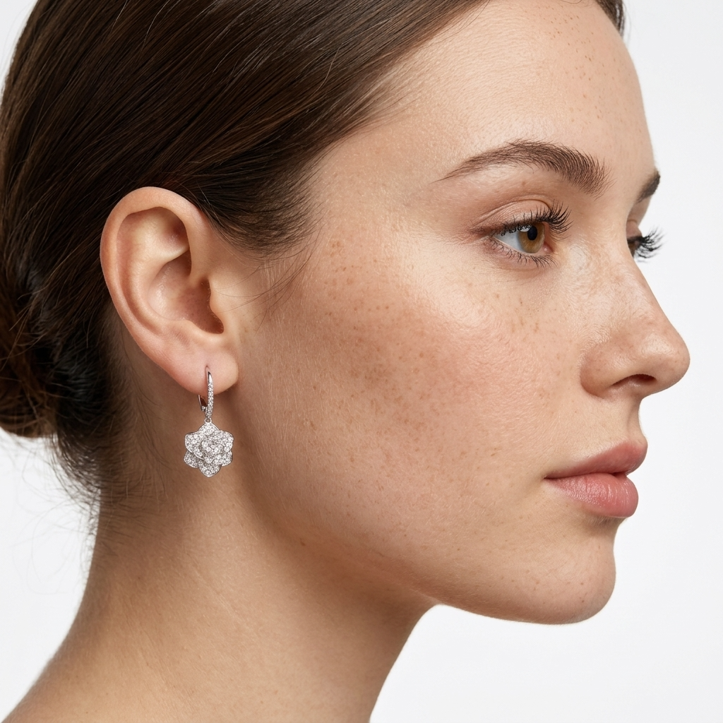 Crystal Camellia Silver Earrings