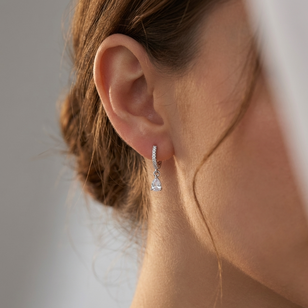 Silver Hoops with White Crystals
