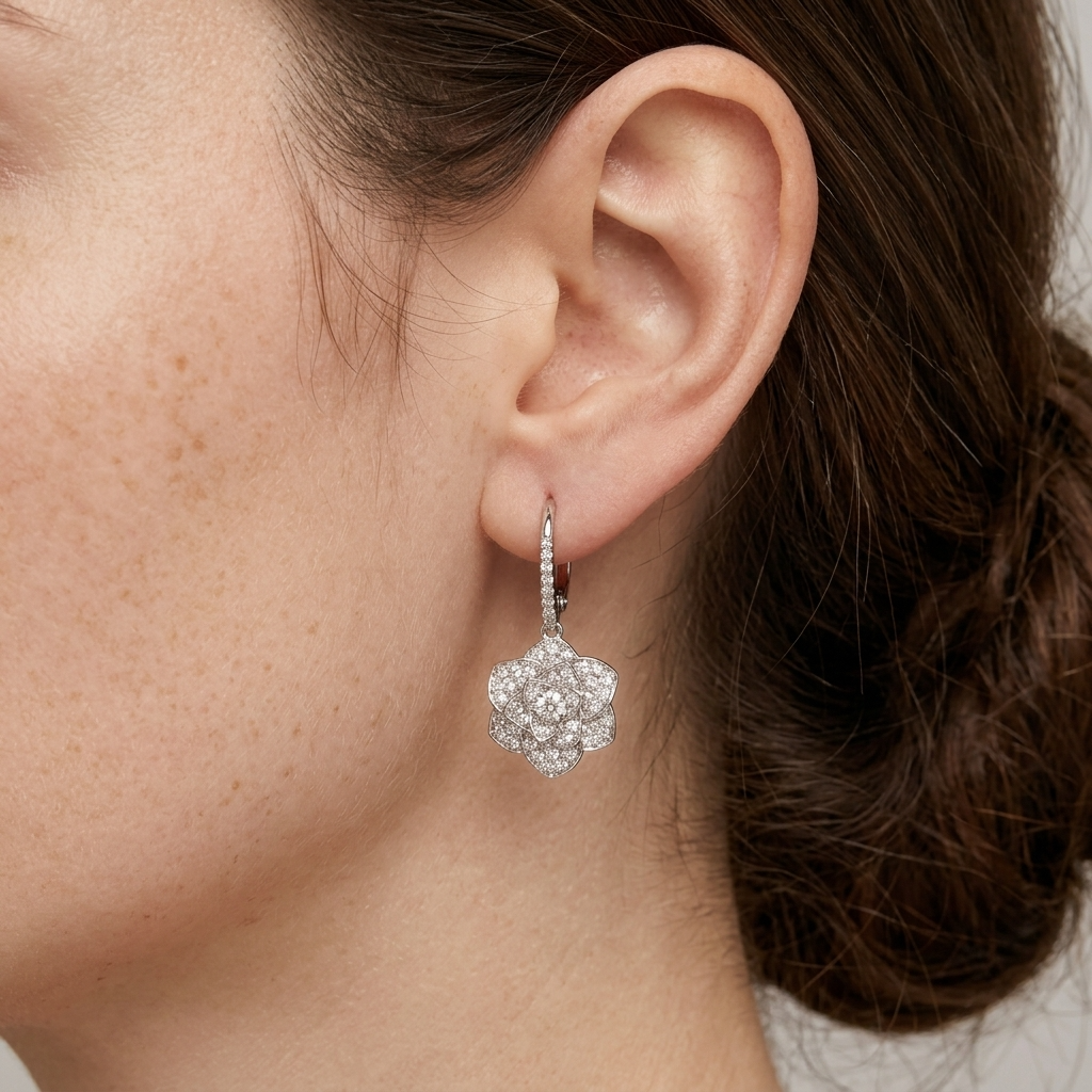 Crystal Camellia Silver Earrings
