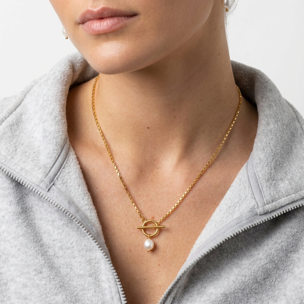 Paperclip & Pearl Drop Gold Necklace
