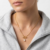 Paperclip & Pearl Drop Gold Necklace