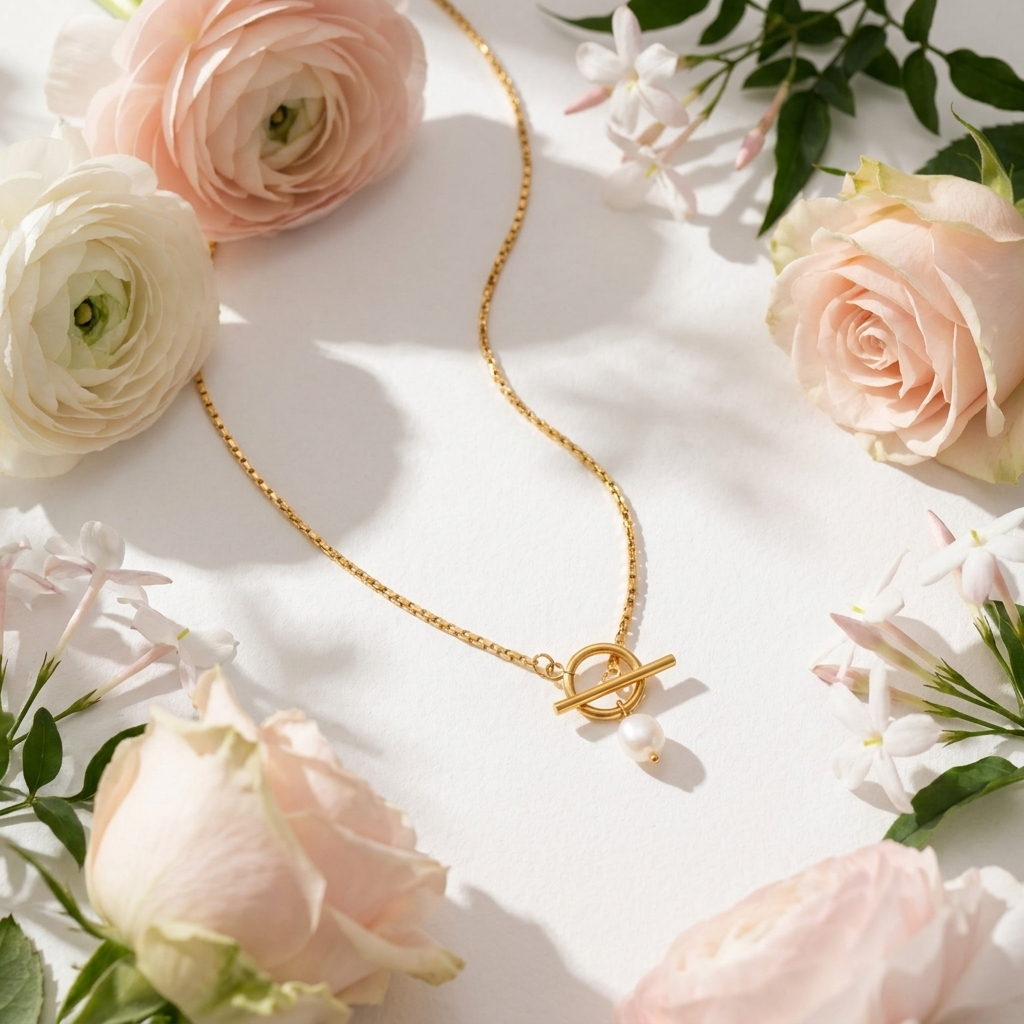 Paperclip & Pearl Drop Gold Necklace