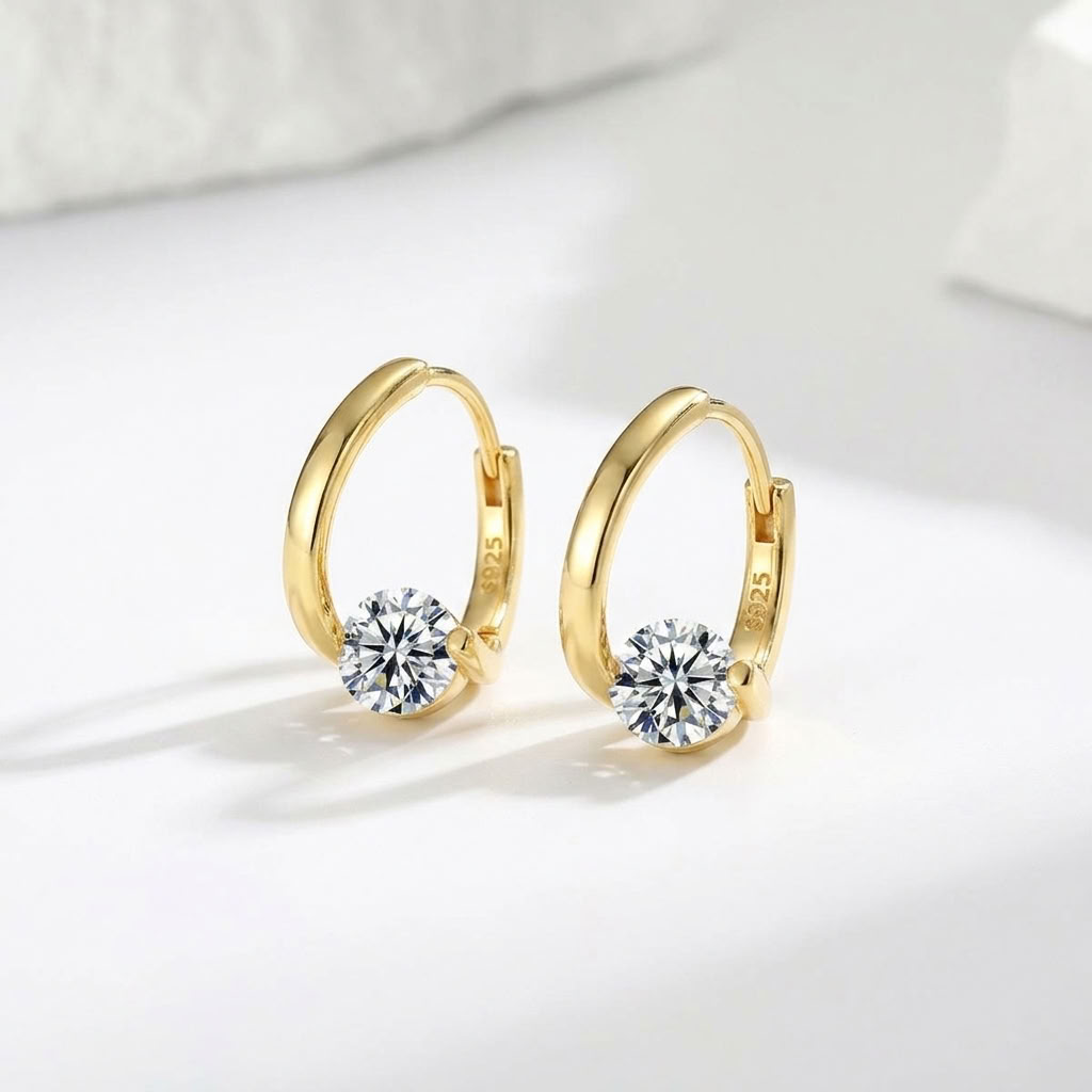 Gold Solitaire Huggie Earrings