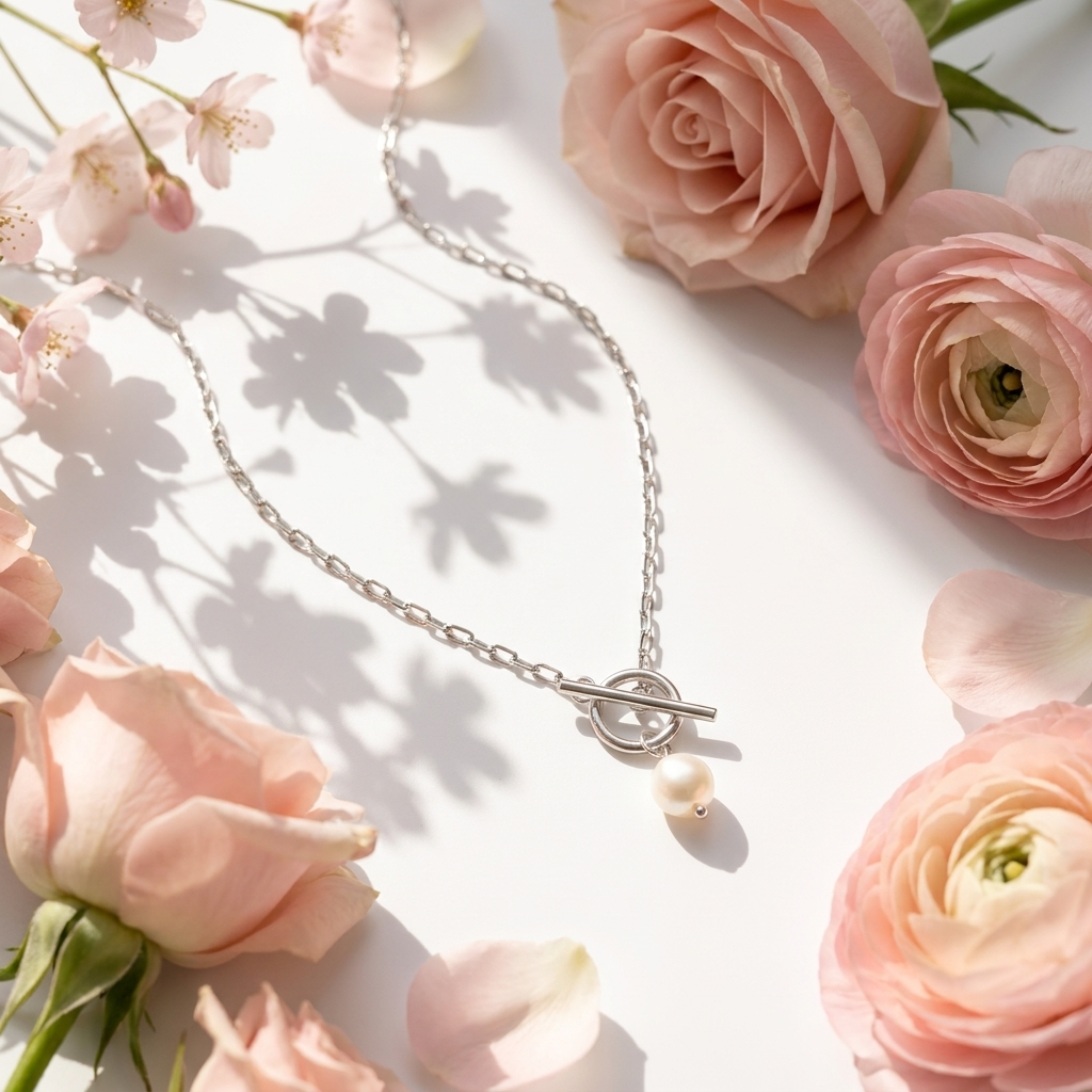 Paperclip & Pearl Drop Silver Necklace
