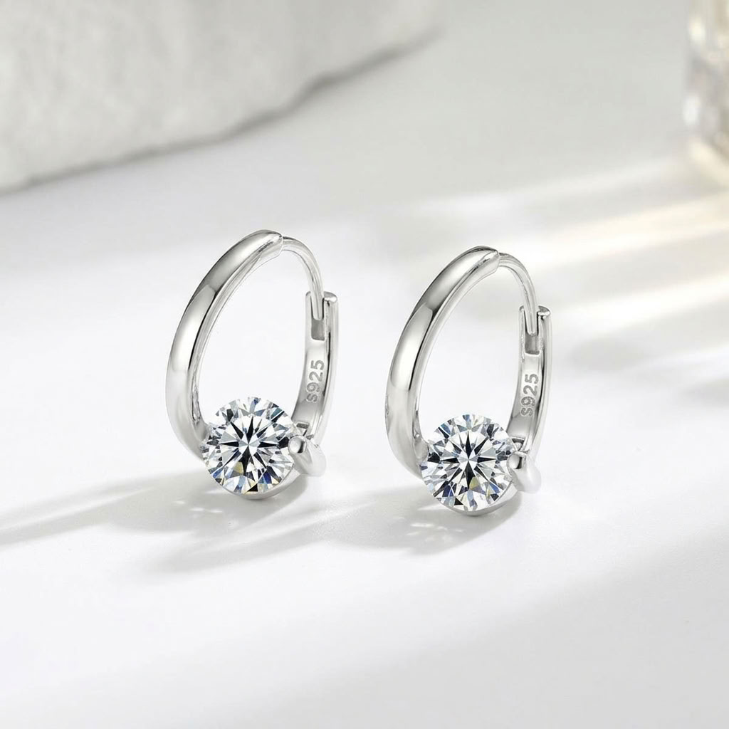 Silver Solitaire Huggie Earrings