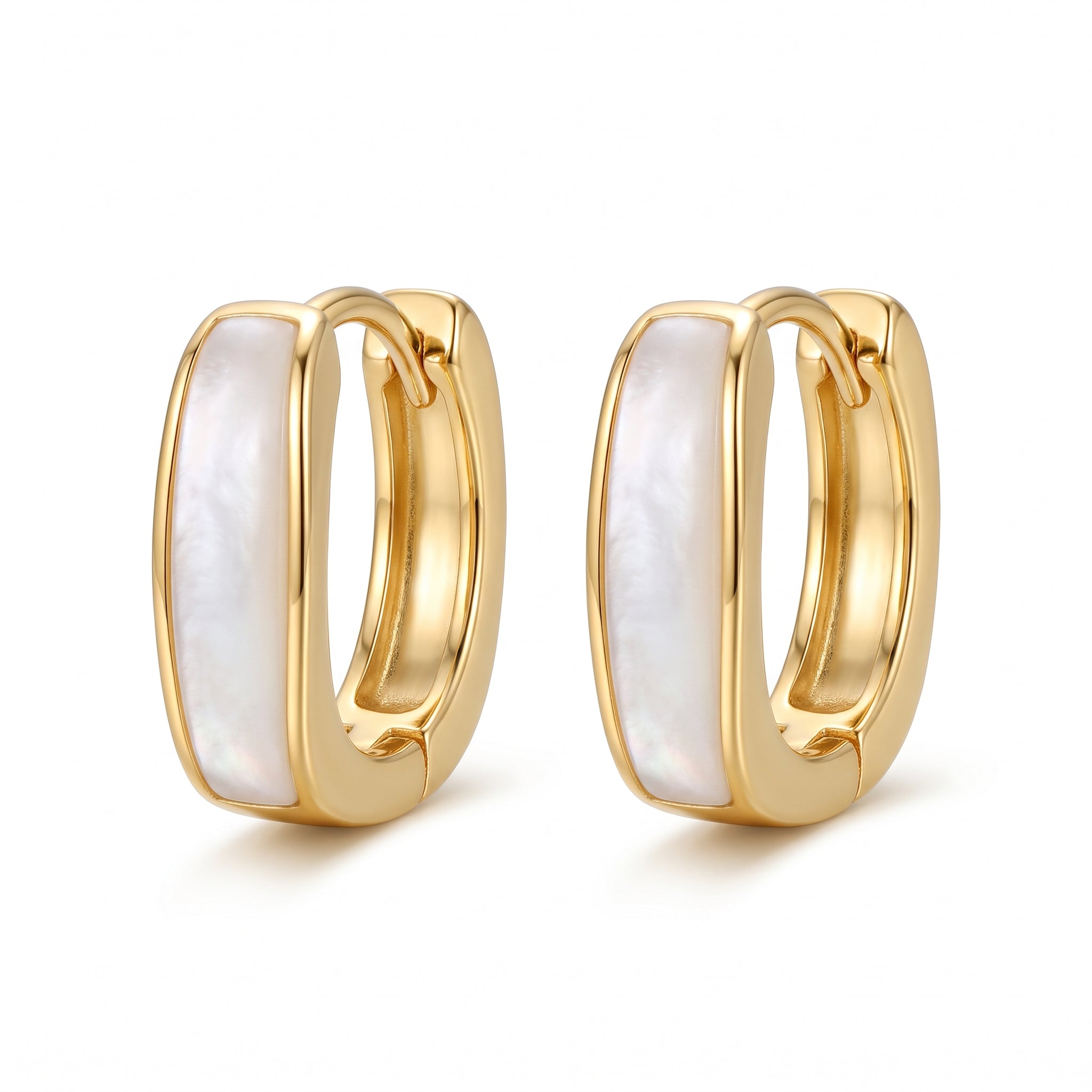 Gold square mother of pearl huggie earrings on white