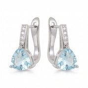 Silver blue crystal drop earrings with lever backs, pair on white