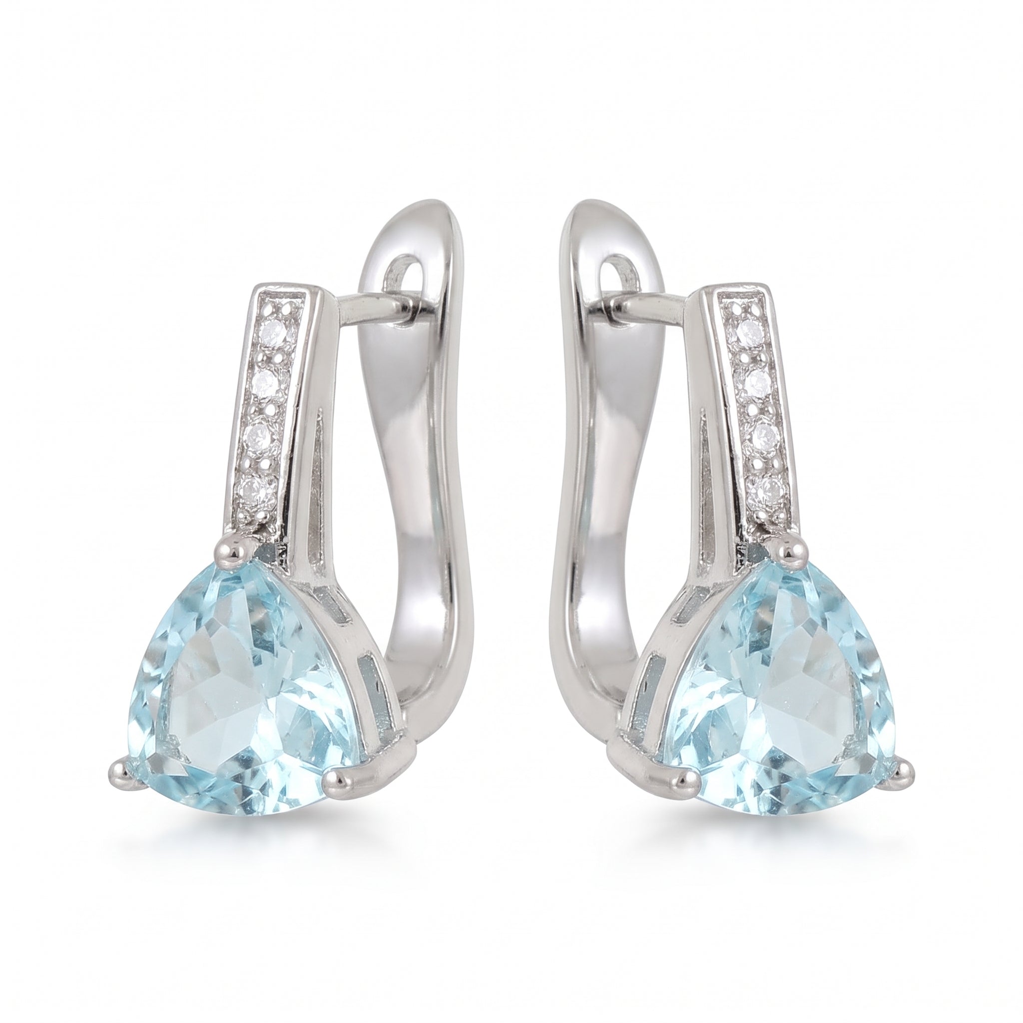 Silver blue crystal drop earrings with lever backs, pair on white
