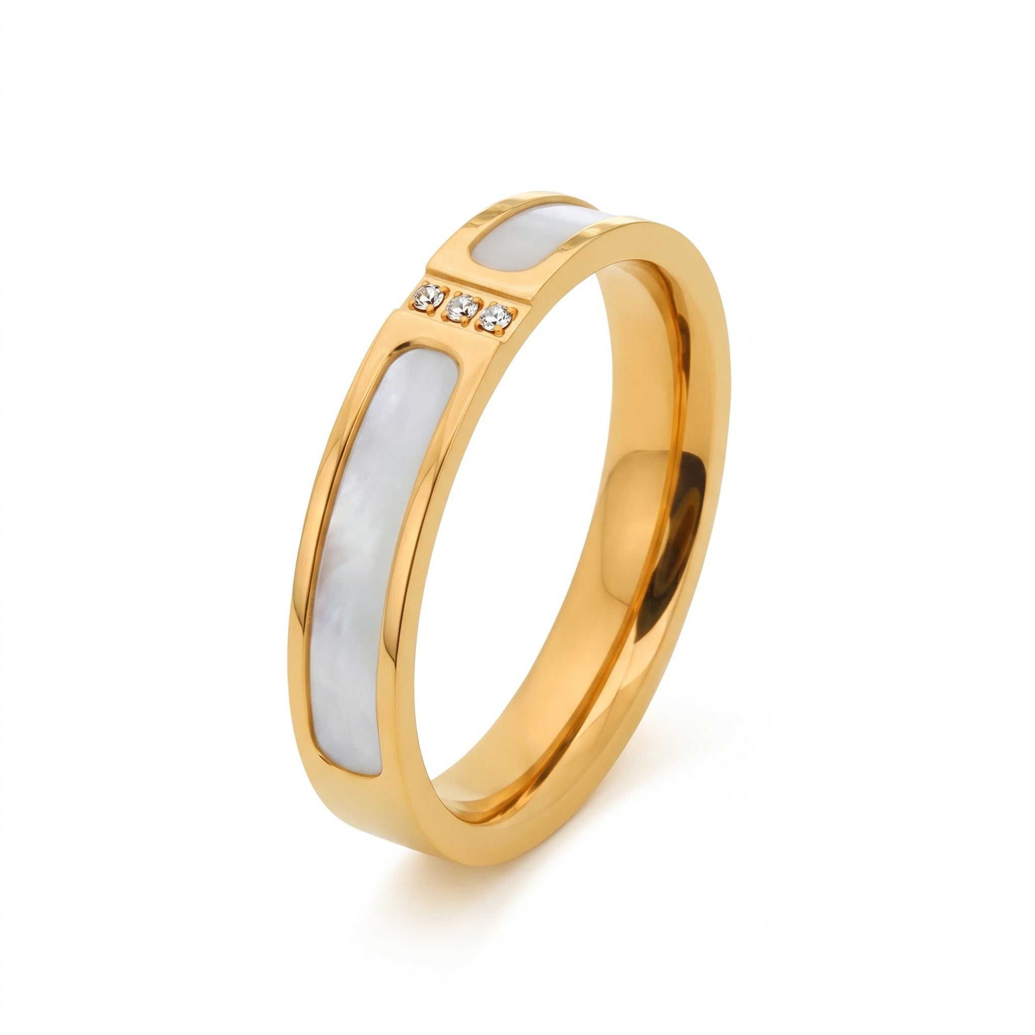 Gold shell ring on white showing the crystal bar