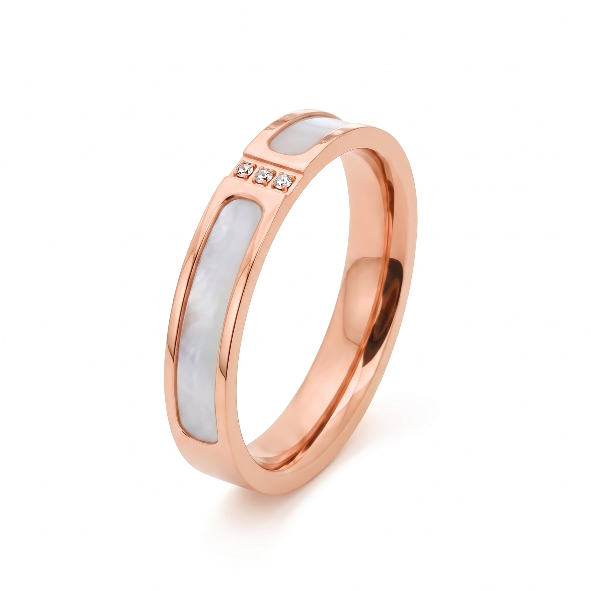 Rose gold shell ring on white showing the crystal bar