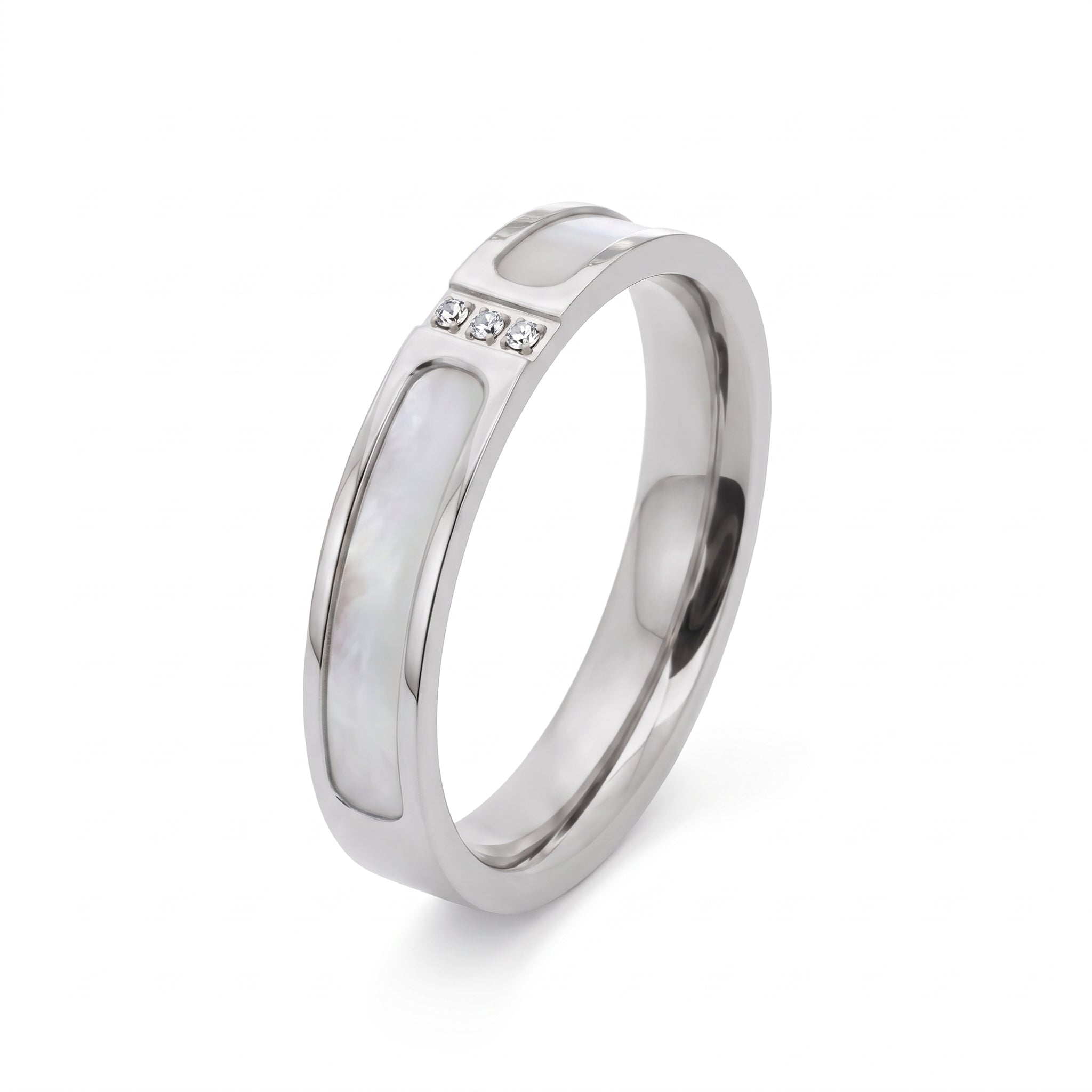 Silver shell ring on white showing the crystal bar
