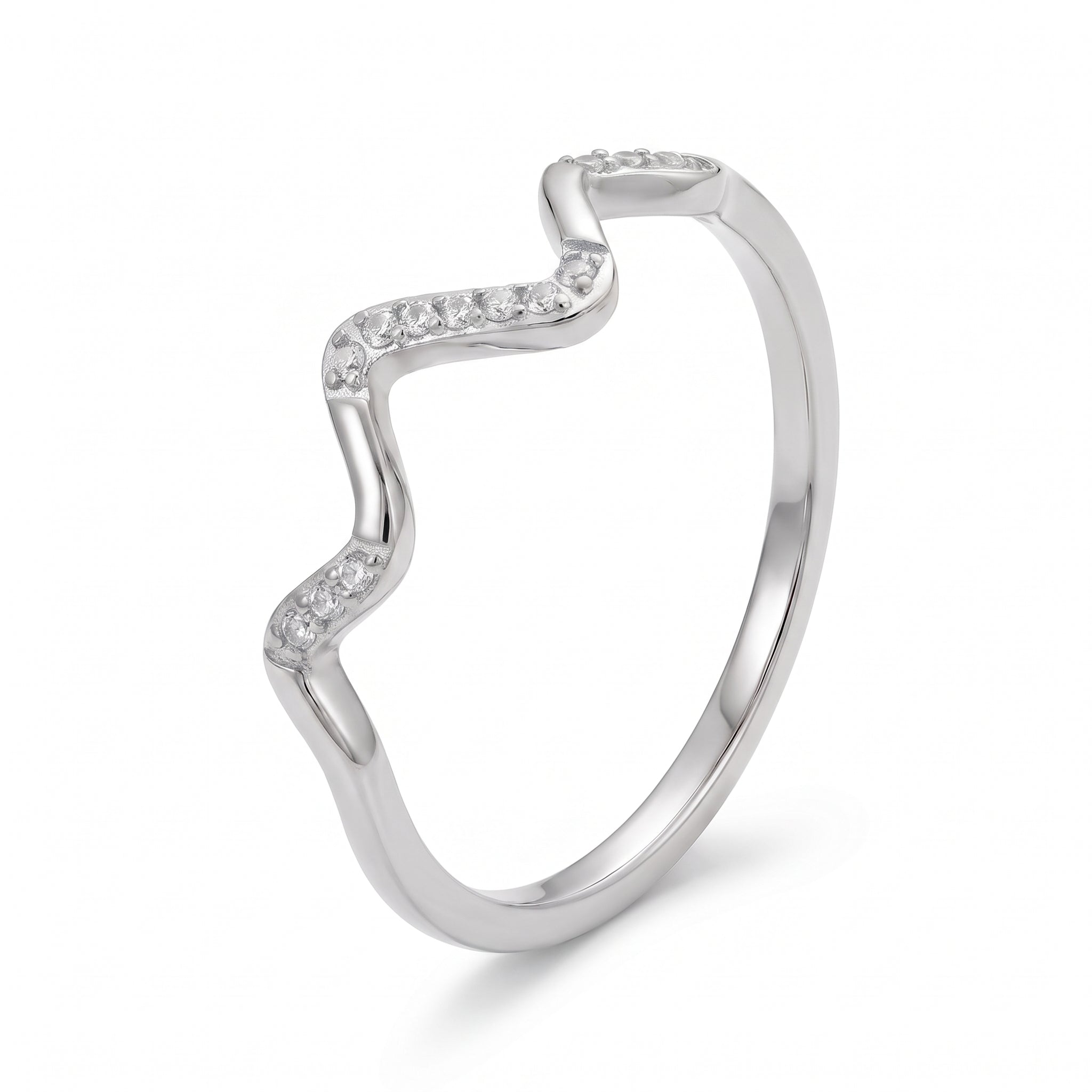 Silver wave ring on white showing the grouped crystals