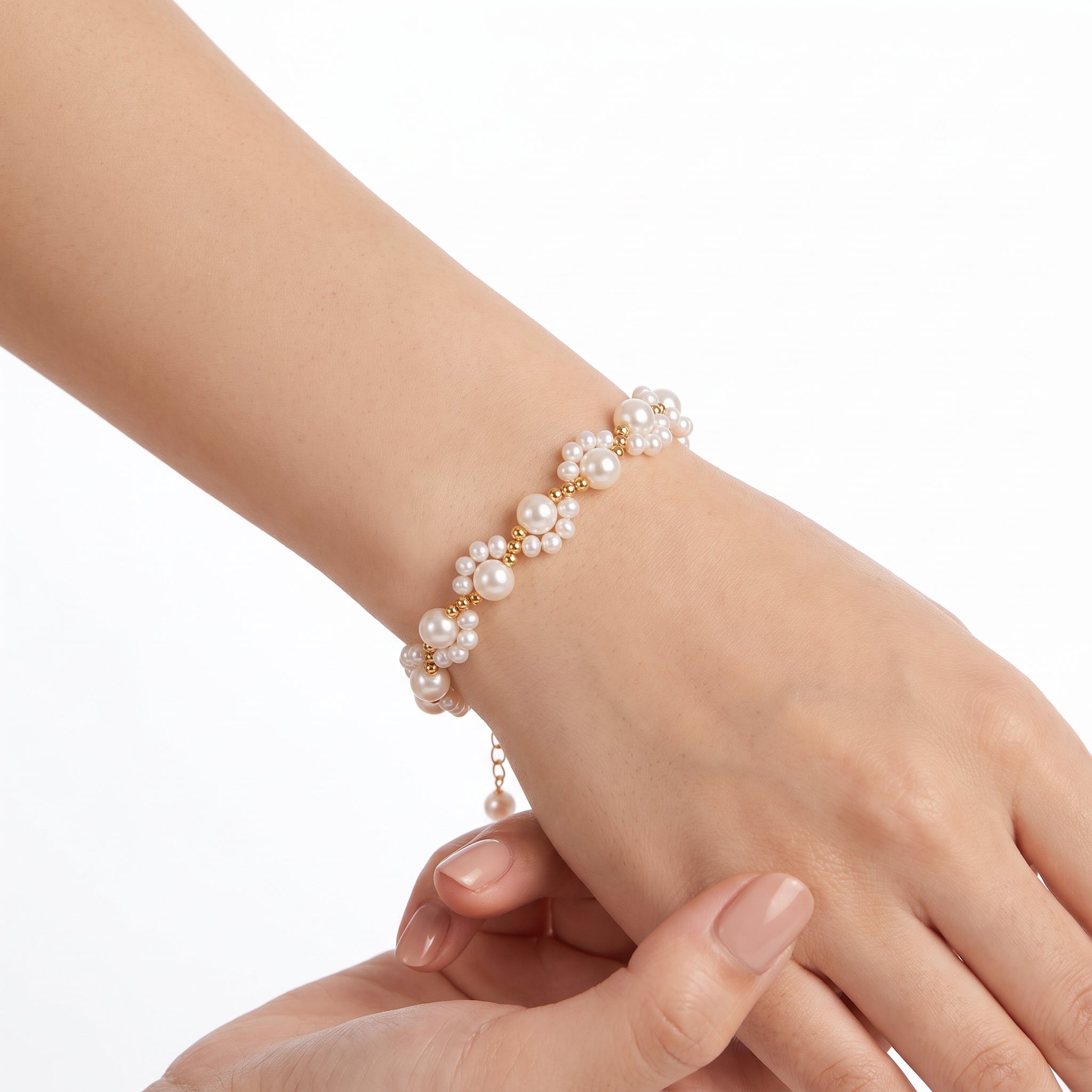 Gold pearl cluster bracelet worn on the wrist
