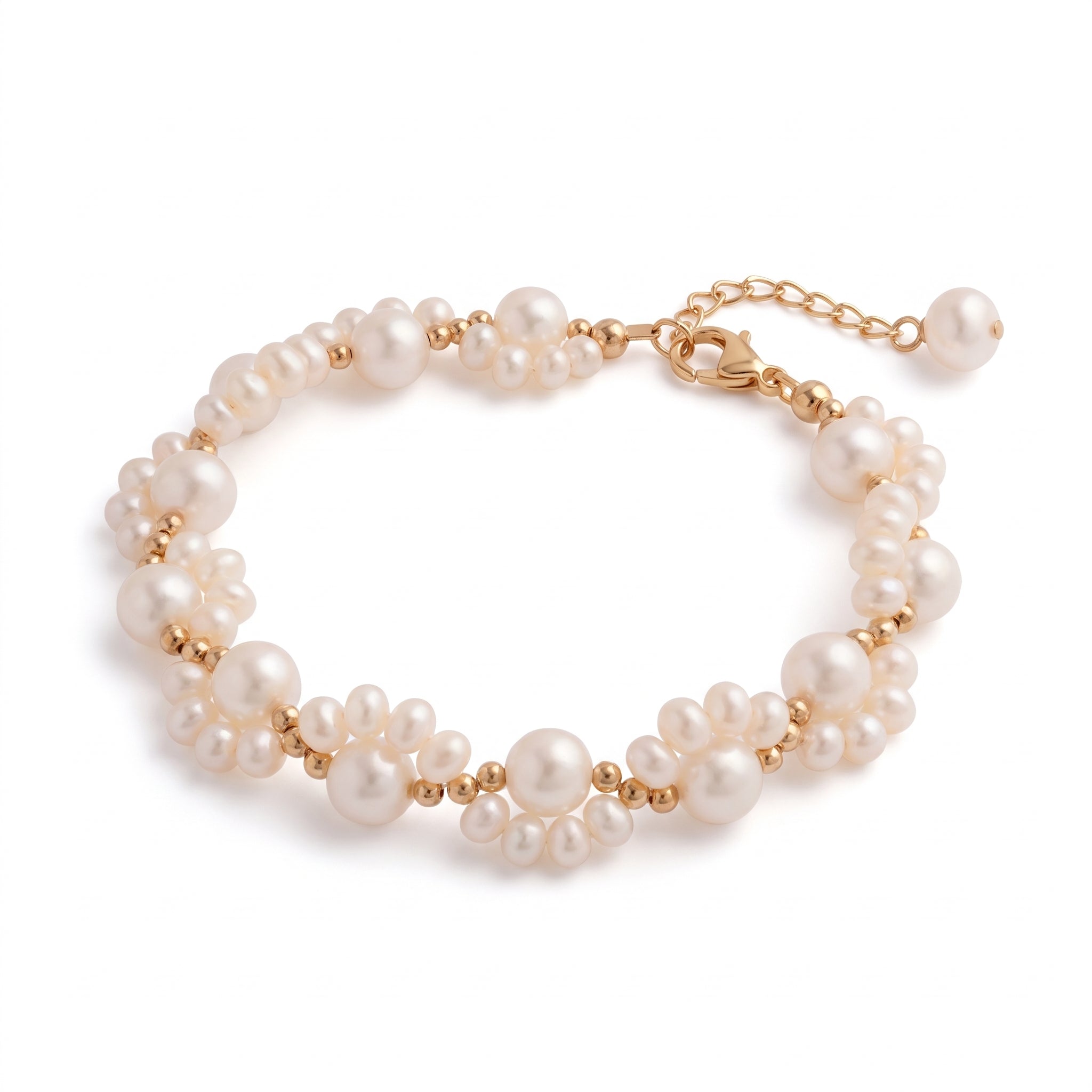 Gold pearl cluster bracelet with pearl drop on white