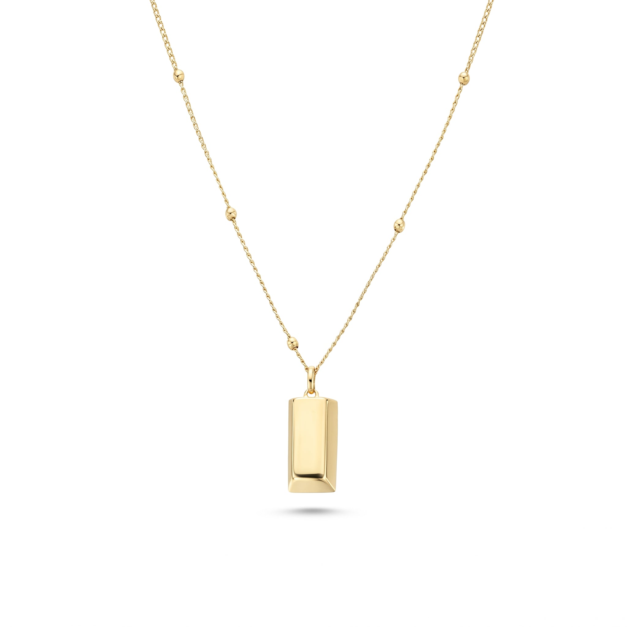 Gold bar necklace laid flat on white, beaded satellite chain