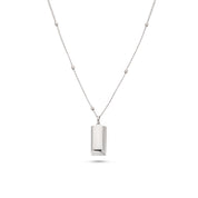 Silver bar necklace laid flat on white, beaded satellite chain