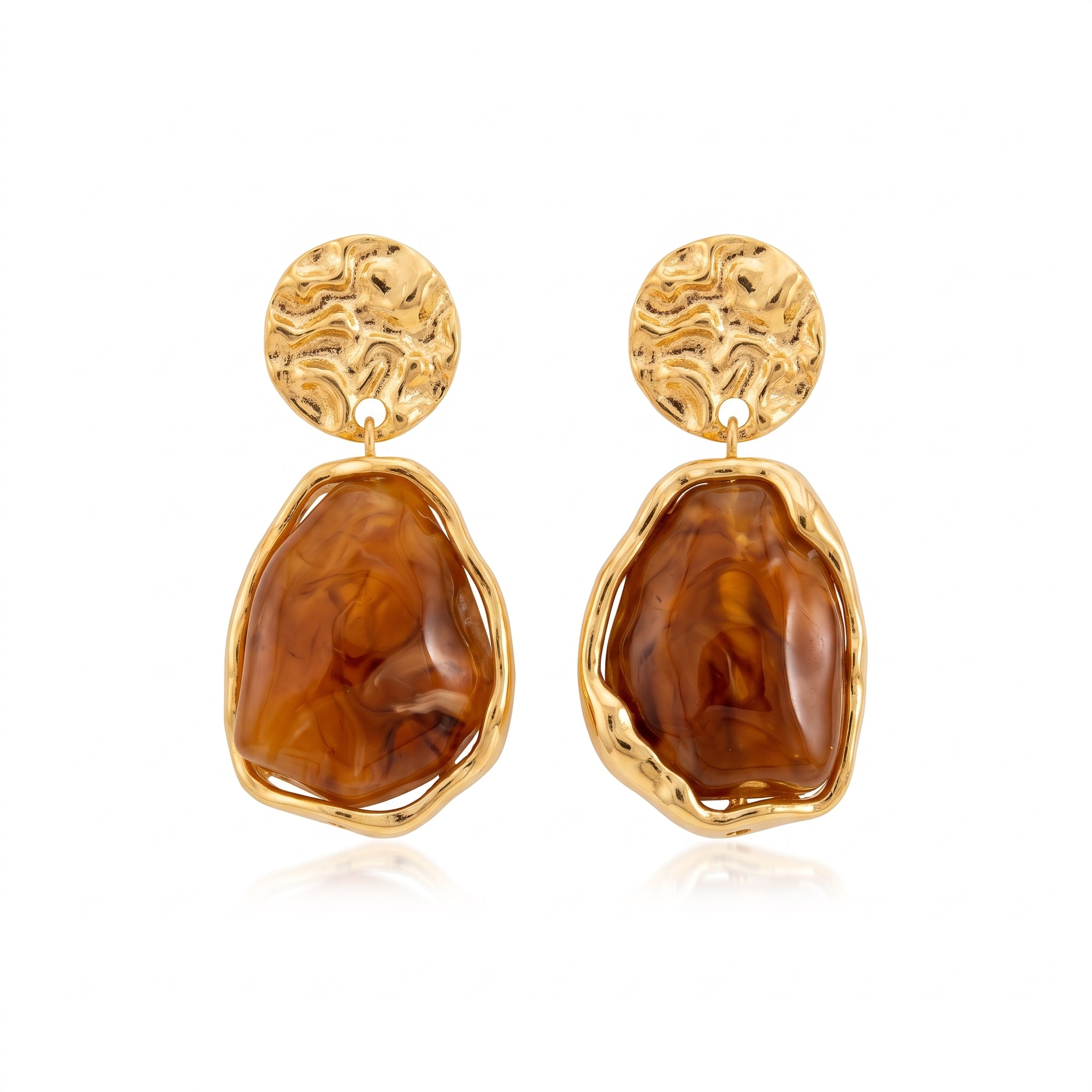 Gold amber resin drop earrings, pair side by side on white