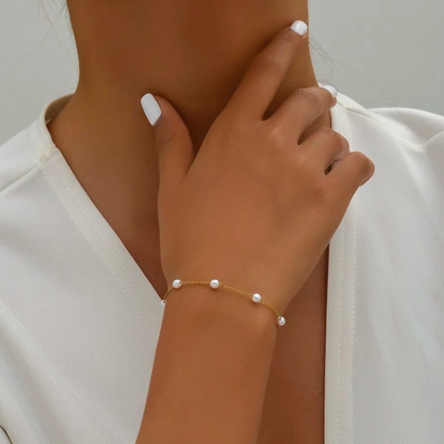 Mina Beaded Pearl Bracelet - Gold - 