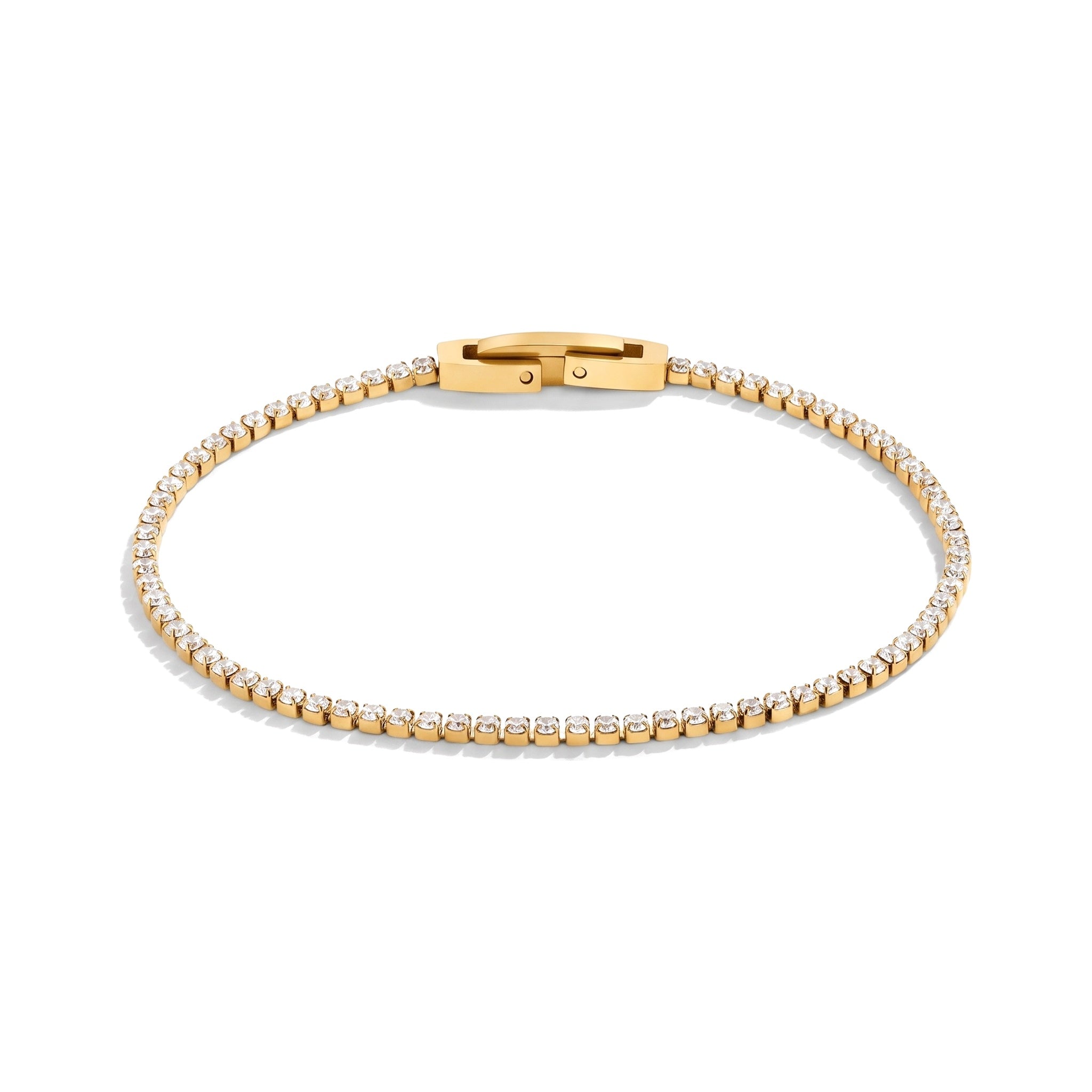 Slim gold crystal tennis bracelet with box clasp on white