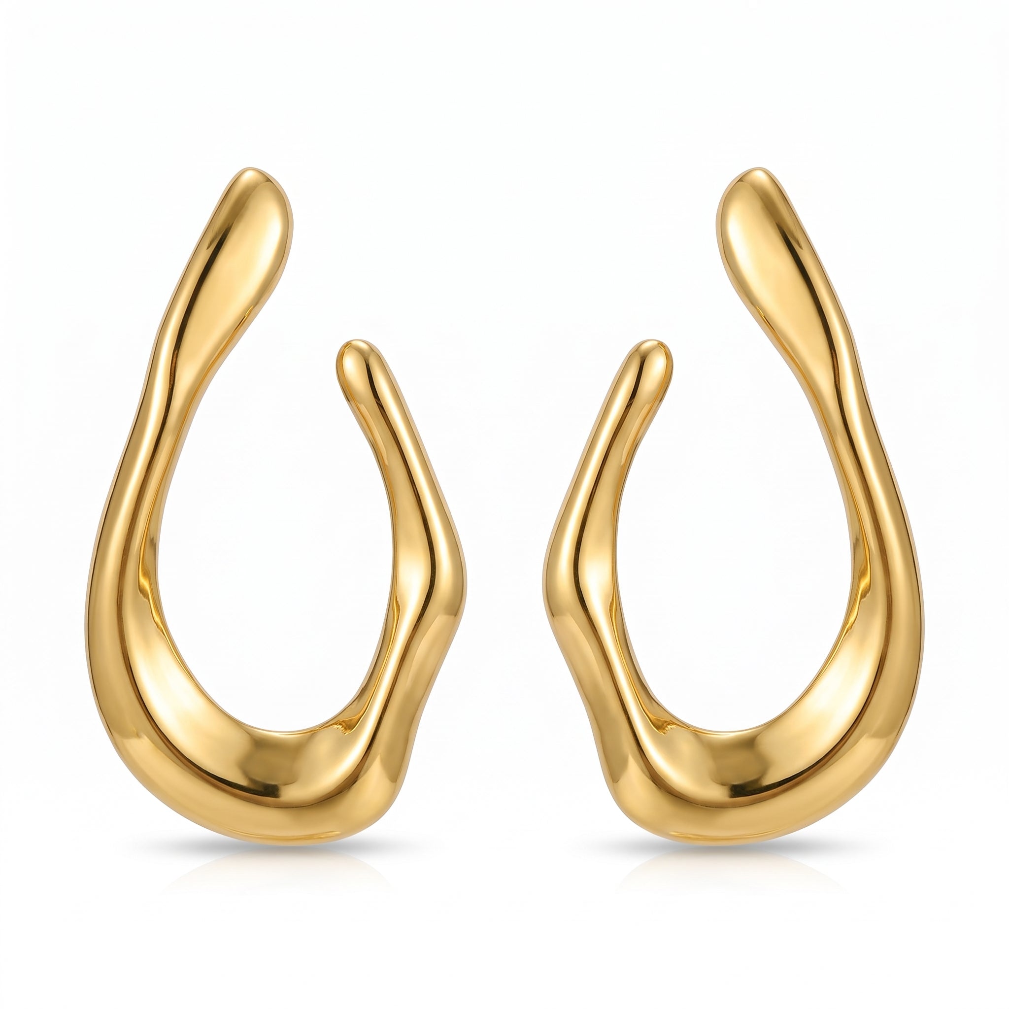 Gold chunky open hoop earrings, mirrored pair on white