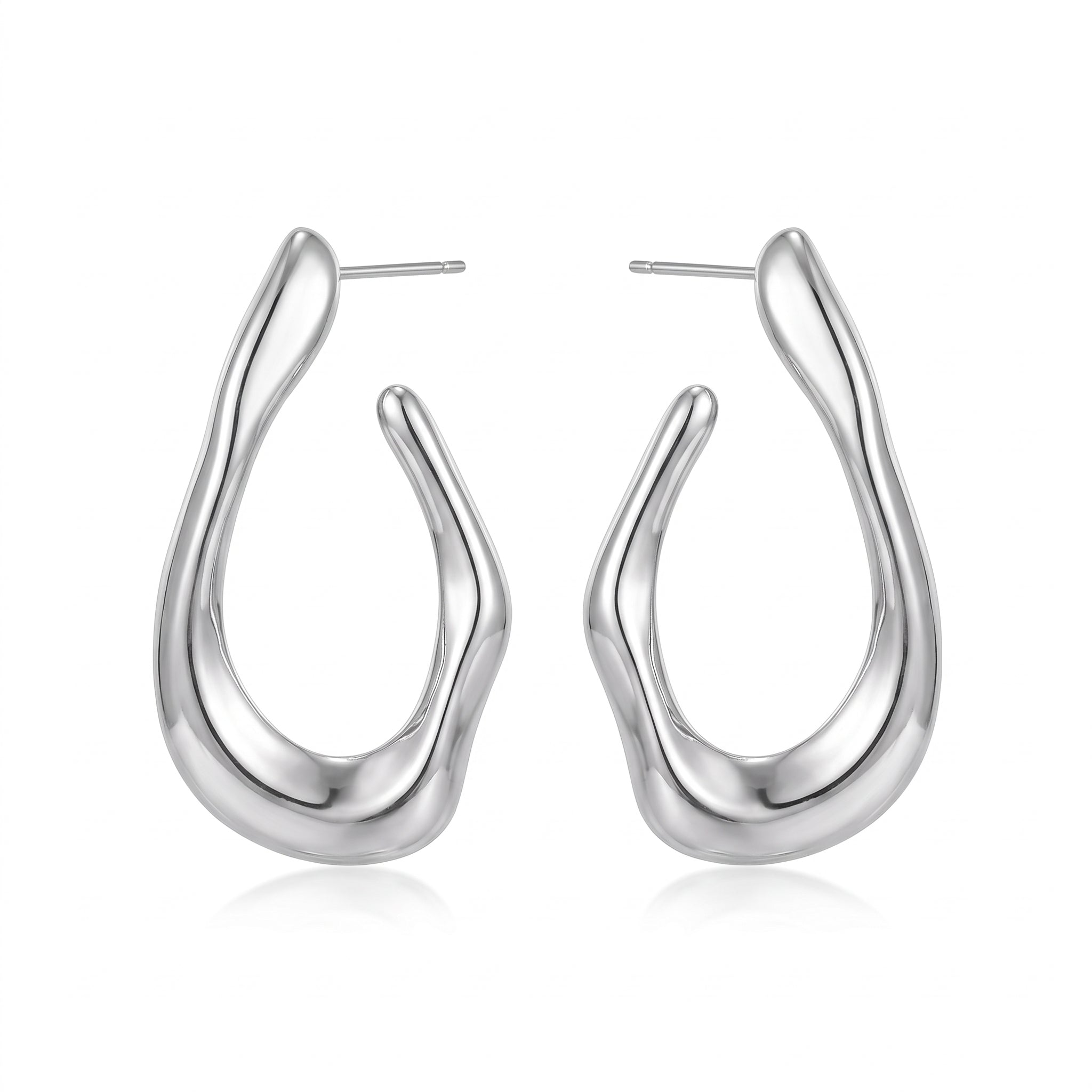 Silver chunky open hoop earrings, mirrored pair on white