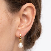 Ear wearing Navalli gold pearl drop hoop earring Odile with teardrop pearl