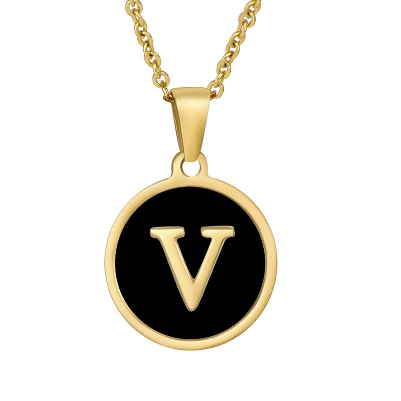 Perrine black initial disc necklace, letter V
