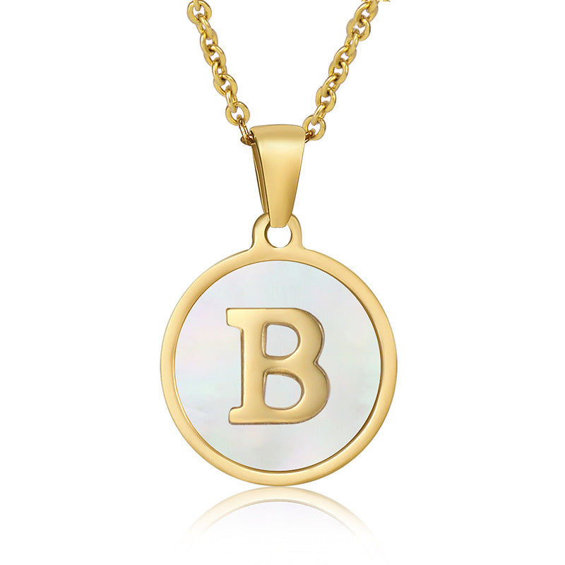 Perrine gold initial disc necklace, letter B on mother of pearl