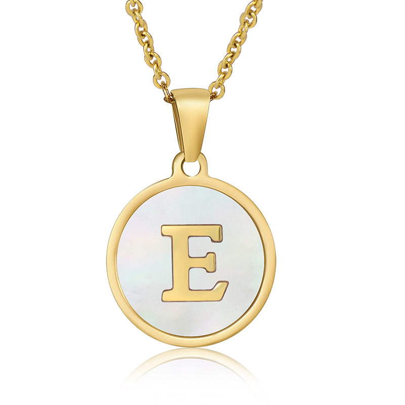 Perrine gold initial disc necklace, letter E on mother of pearl