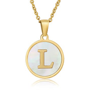 Perrine gold initial disc necklace, letter L on mother of pearl