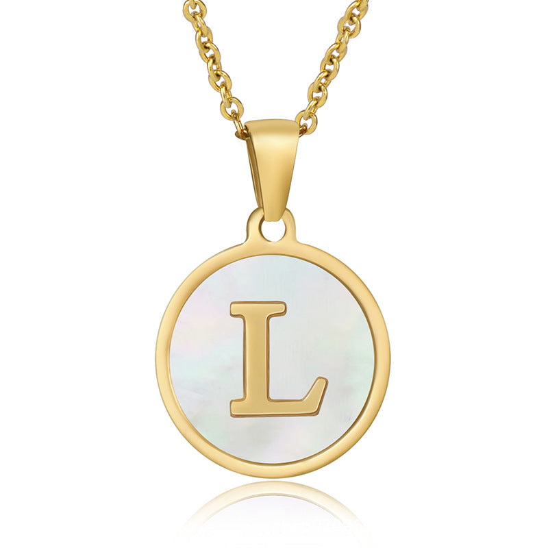 Perrine gold initial disc necklace, letter L on mother of pearl