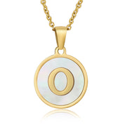 Perrine gold initial disc necklace, letter O on mother of pearl