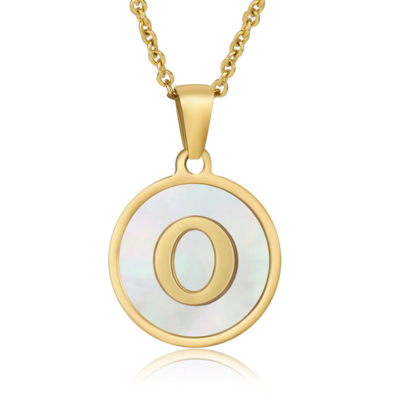 Perrine gold initial disc necklace, letter O on mother of pearl