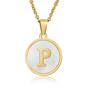 Perrine gold initial disc necklace, letter P on mother of pearl