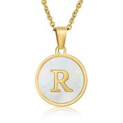 Perrine gold initial disc necklace, letter R on mother of pearl