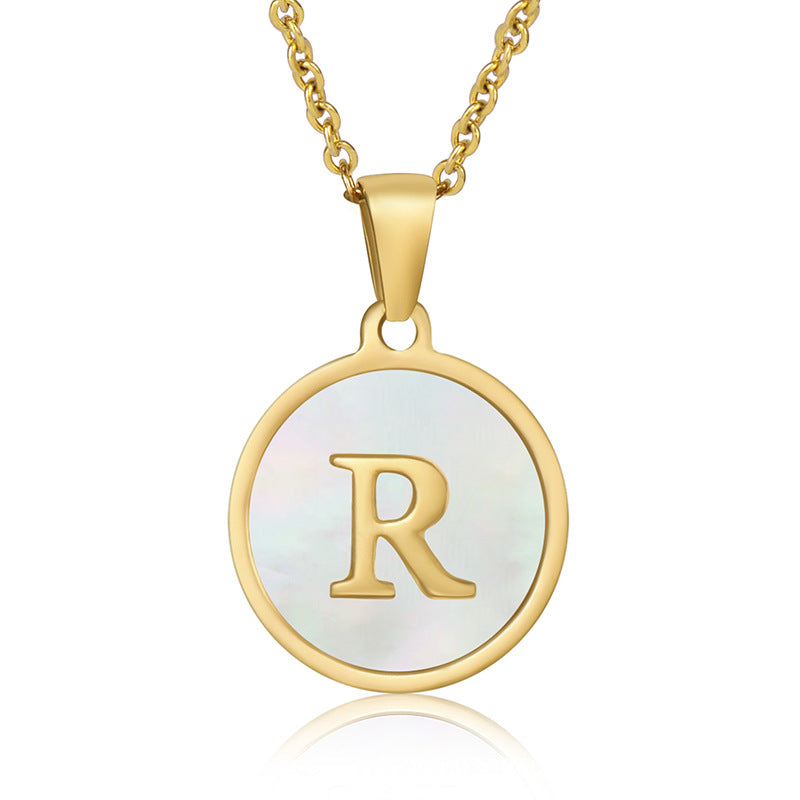 Perrine gold initial disc necklace, letter R on mother of pearl