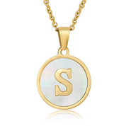 Perrine gold initial disc necklace, letter S on mother of pearl