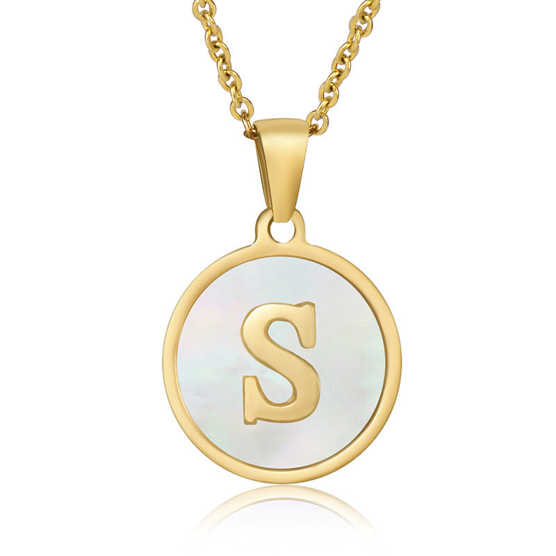 Perrine gold initial disc necklace, letter S on mother of pearl
