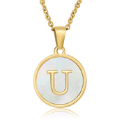 Perrine gold initial disc necklace, letter U on mother of pearl