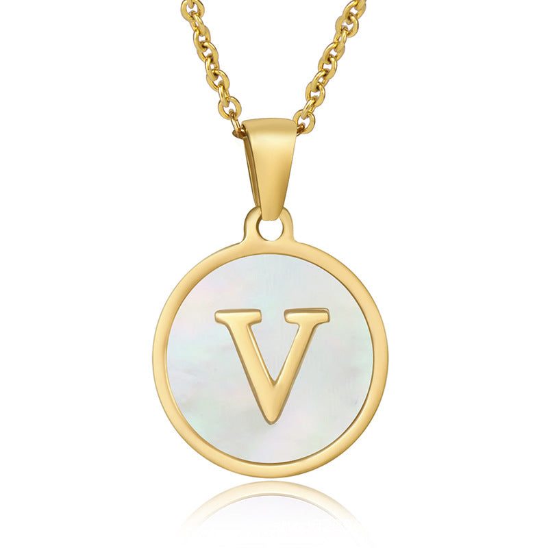 Perrine gold initial disc necklace, letter V on mother of pearl