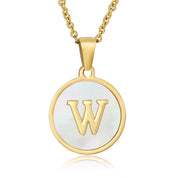 Perrine gold initial disc necklace, letter W on mother of pearl