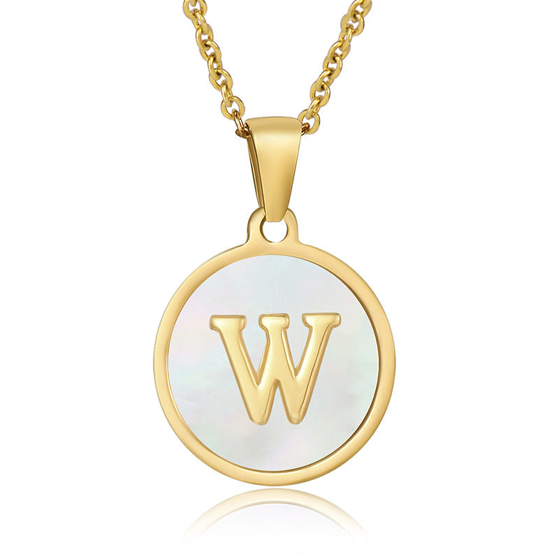Perrine gold initial disc necklace, letter W on mother of pearl