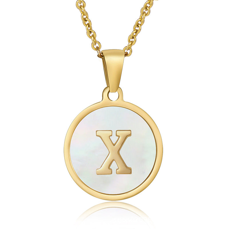 Perrine gold initial disc necklace, letter X on mother of pearl
