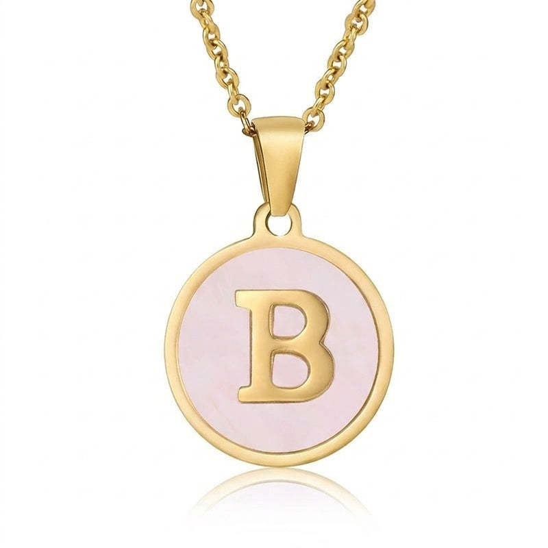 Perrine pink initial disc necklace, letter B on pink mother of pearl