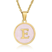 Perrine pink initial disc necklace, letter E on pink mother of pearl